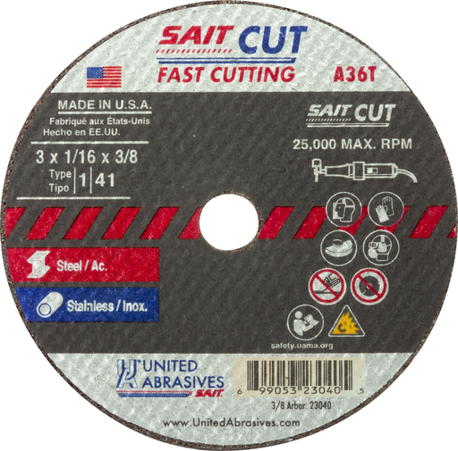 United Abrasives 23065 A36T Fast Cutting Thin High Speed Cut-Off Wheels 4" x 1/16" x 3/8"