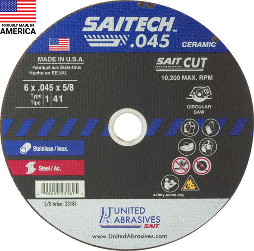 United Abrasives 23181Saitechâ„¢ High Performance Cut-Off Wheels (Type 1/Type 41 Flat) 6" x .045" x 5/8"