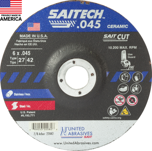 United Abrasives 22082 Saitechâ„¢ High Performance Cut-Off Wheels (Type 27/Type 42 Depressed Center) 6" x .045" x 7/8"